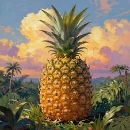 closeup, giant pineapple head, the girl surrounded by djungle, surreal photography, golden hour, colorful clouds, impressionist painting, digital painting, artstation, simon stalenhag