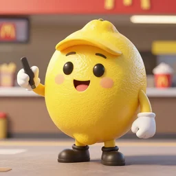 anthropomorphic fruit lemon working at mcdonalds wearing mcdonalds uniform