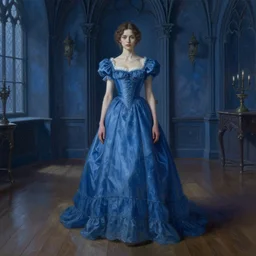portrait of woman in dress, detailed, by jeremy mann, gothic mansion room, blue tones, by alexander fedosav, wooden floor, digital artwork, paint, elegant
