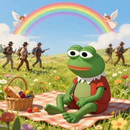 resolution 4k hyper realistic film reel of pepe the frog red dead redemption 2 wandering army of pepe the frog a field of flowers a sunny day wholesome soft and warm picnic of breads and fruit sitting on a blanket pepe the frog. the sky is blue and filled with gods love the third rike will rise again hail pepe , rainbows of sweet angels art in the style of Tony DiTerlizzi , Francisco de Goya and Akihito Tsukushi and Arnold Lobel