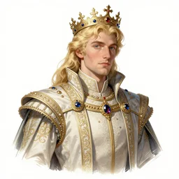 A handsome King of the Fae with blond hair wearing an exquisite suit and a crown, illustration by Arthur Rackham