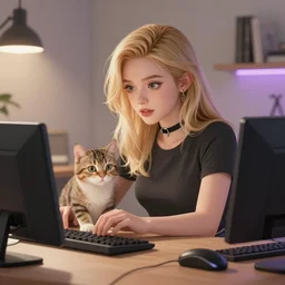 Gamergirl with blond hair with cat on desk, hyperdetailed, artstation, cgsociety, 8k