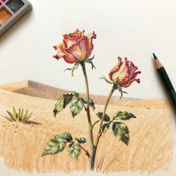 wilting roses in the desert, colored pencils drawing