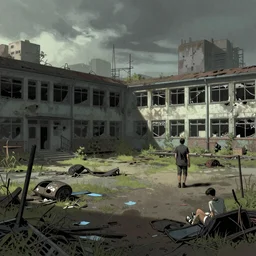 detailed ultra - realistic graphic novel illustration of cyberpunk postapocalyptic abandoned schoolyard by edward hopper and gregory crewdson, cinematic, full shot, ian miller, wayne barlowe, greg rutkowski