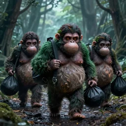 oompa loompas with dark green hair carrying black body bags, scary