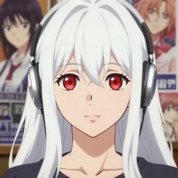 anime film still portrait of a japanese young woman, large, red eyes, white hair!!!!!, long, wearing wireless headphones, poster by ilya kuvshinov, bakemonogatari, masakazu katsura, rimlight, realistic shading, fine details, realistic shaded perfect face fine - face, 4 k, long white hair