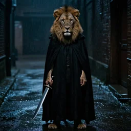 A film still of a teenage lion in a dark rainy alleyway wearing a dark glowing black cloak while holding a long dagger in his right hand, lowkey lighting