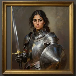 greg manchess oil matte portrait painting, indian female knight with glasses, sword and shield, rectangular frame, wonderful masterpiece highly detailed, scifi, beautiful cinematic light deep focus, elegant, digital painting, smooth, sharp focus, golden ratio, dramatic illumination, ultra realistic, 4 k, art by greg rutkowski wlop rossdraws