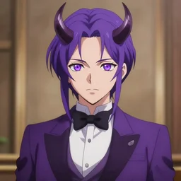 beautiful anime woman with purple hair, a ( ( ( ( ( ( ( ( ( ( ( ( ( horn on forehead ) ) ) ) ) ) ) ) ) ) ) ) ) ( ( ( purple eyes ) ) ), a purple tuxedo, sharp focus, intricate, cell shaded, award winning photography, cinematic, digital painting, cinematic, wlop, 8 k, by ross tran, tom bagshaw