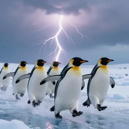 penguins being chased by lightening while running on ice, wildlife photography, highly detailed, high quality, 8 k, soft lighting,