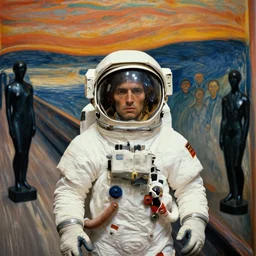 portrait of an astronaut wearing helmet 3 5 mm cinestil, interior room, edvard munch, obsidian statues, scene from the godfather, crowd of smiles, miles johnston, cynical realism, lucian freud, monet, bruce bickford masterpiece