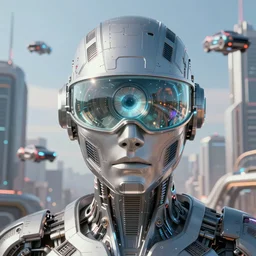 techno god wearing glass eye visor surrounded by futuristic city, flying cars, sharp focus, ultra detailed, intricate, digital art, 4 k, golden ratio,
