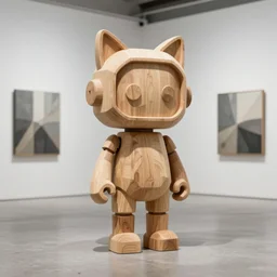 8k octae render photo ,a wooden sculpture art toys on feet minimalist ,very cute robot zen with cat ears ,cyberpunk ,brutalist ,a contemporary art gallery , art by Enki Bilal