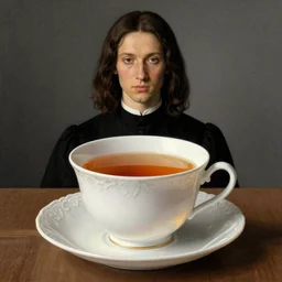 Rene Magritte painting of a cup of tea, high quality, surrealist