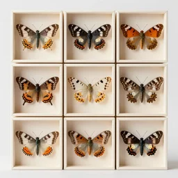 composition of 9 square boxes with different moths spicies, diorama, front view, light mode, led lamps, macro photo, canon camera, leans 3 5 mm f 2. 8, 8 k