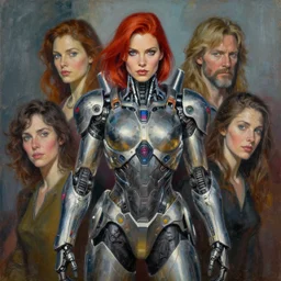portrait of invincible woman wearing cybernetic power armor. intricate painting by ross tran, magali villeneuve, and jeremy mann.