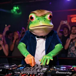 donald trump cosplaying as a frog while performing as a dj, 8 k, hd