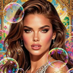 the face of beautiful, opulent, polished, enticing adriana lima made of soap bubbles | an ultrafine hyperrealistic illustration by artgerm and mucha and beeple : : intricate linework, bright colors, final fantasy, unreal 5, octane render, global illumination, radiant light, intricate environment