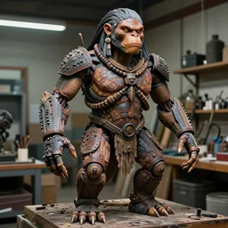 photo taken of an epic intricate, ultra detailed, super realistic gritty, hero prop, exquisitely weathered animatronic movie prop of a lifelike sculpture of a huaorani ecuadorian amazon tribe creature displayed in the workshop, created by weta workshop, full body shot, photorealistic, sharp focus