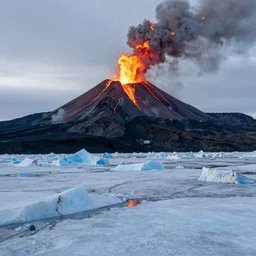 landscape photo by marc adamus, a volcano erupting on an ice covered plane