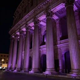breathtaking, roman columns, extremely moody purple lighting at night