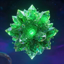 mystical colorful cyberpunk planet, abstract nebula green crystal sculpture floating above it, powerful, 4k, photograph, vaporwave
