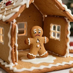 a picture of the set of a comedic horror movie filmed inside a Christmas gingerbread house with a frowning gingerbread man cracked in half in the center of the room and a puddle of milk beside him