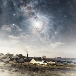 a beautiful double exposure of the astronomy picture of the day, nebula, a rural seaside village, landscape at night, soft white light, muted, neutral light, light blue tones, chimney smoke, long exposure clouds, watercolour painting, turner