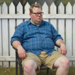 painting of a stocky man with light brown swept back short hair and dark glasses, wearing a blue plaid shirt and khaki shorts, sitting in chair, in front of a decaying white picket fence, by jeremy mann, stylized, detailed, realistic, loose brush strokes
