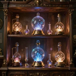 a shelf of wonderful magical experiments, cinematic lighting, detailed, beautiful colors, ornate 4 k