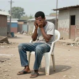man crying on a plastic chair in the slums, painting