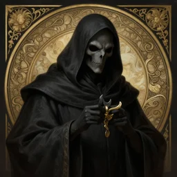 portrait of grim reaper, intricate, elegant, highly detailed, digital painting, artstation, concept art, smooth, sharp focus, illustration, art by artgerm and greg rutkowski and alphonse mucha and william - adolphe bouguereau