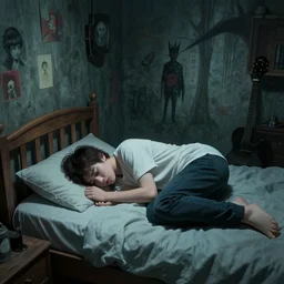 teenager sleeping on bed in backrooms, high detailed art, liminal aesthetic, dreamcore, by wayne barlowe, tsutomu nihei, zdzislaw beksinski, cgsociety, unreal engine