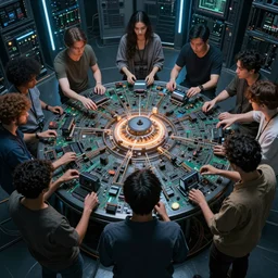 diverse groups of humans destroying the supercomputer breaking circuits, from behind, rebirth, beauty, wide angle, elaborate, wet, highly detailed, colors, beautiful lighting