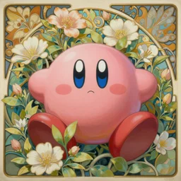 a painted portrait of kirby behind a bush, fluffy, flowers, leaves, intricate, elegant, detailed, digital painting, concept art, smooth, sharp focus, painting by sho murase, alfred kubin, alfonse mucha, trending on artsstation