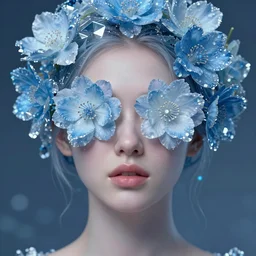 a surreal woman portrait with the eyes covered by flowers blooming in her head, fantasy conceptual art, trending on artstation, hyperdetailed, blue crystal clear colours, ultrarealistic