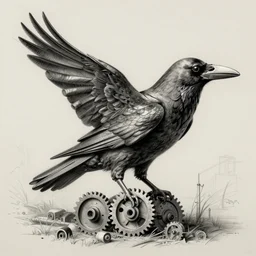 industrial drawing of a crow made of engrenage