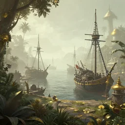 a retrowave aesthetic style artwork of a pirate harbour, divine, hazy, volumetric lighting, lush flora,, very detailed, serene, gold accents, washed out colors, beautiful artwork, master level composition, raytracing