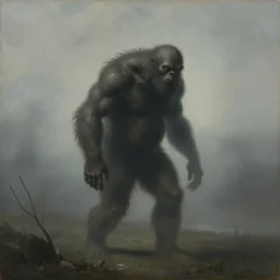 swamp monster, misty, moody, painting, tempera paint, lonely, strong, large, muted, by anthony van dyck