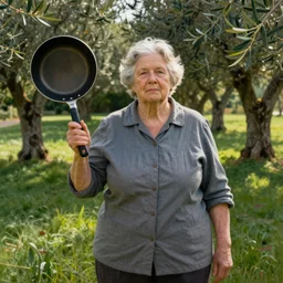 a fat old lady with a very large frying pan in her hand on a lawn surrounded by olive trees edward hopper