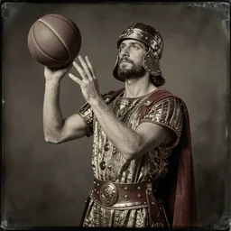 Daguerreotype of a Byzantine warrior playing basketball