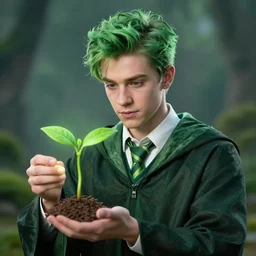 character concept portrait of fascinated Corbin Bleu as green-haired wizard enchanting a germinating seed, a floating spell book in the center, intricate, elegant, digital painting, concept art, smooth, sharp focus, illustration, from Metal Gear, by Ruan Jia and Mandy Jurgens and William-Adolphe Bouguereau, Artgerm