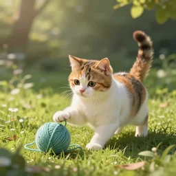 a cute calico cat playing with a ball of yarn outside in the grass on a beautiful day, artstation, cgsociety, storybook art