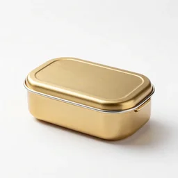 golden bento box, commercial catalog photo, isolated on a pure white background, centered, entire object in frame, sharp focus, soft studio lighting