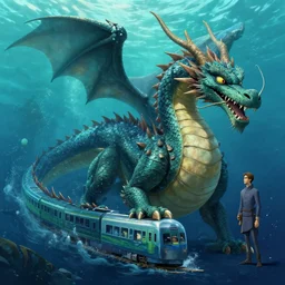 craig mullins and ghibli digital illustration of a long train dragon in deep ocean unreal engine, hyper realism, realistic shading, cinematic composition, realistic render, octane render, detailed textures, photorealistic, wide shot