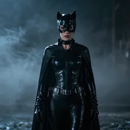 real-life Catwoman, cinematic, Wide-Shot, atmospheric fog and lighting, directed by Tim Burton, high detail, 8K, movie still