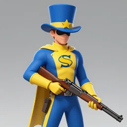 superhero with tophat and a rifle in blue and yellow clothes, digital art, trending on artstation, by greg rutkowski