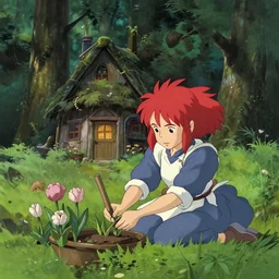 a nature witch with wiry red hair gardening in front of her cottage in the enchanted forest, in the style of hayao miyazaki