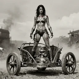 vertical movie frame with female warrior standing on steam punk buggy with wood wheels, hunting, armor inspired by bikini and doom and fashion, strong blooded body, brutal blooded sluty symmetrical face, epic, cinematic lighting, award winning, establishing shot, extremely high detail, photorealistic, brutal, provocative, natural lighting, octane render, old photo, vintage, black and white, sepia, old photography, documentary photography