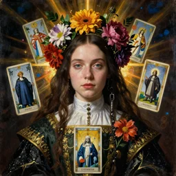 portrait of a medieval priestess healthy - looking chelsea wolfe, goth punk, floral flowers, radiant colors, tarot, surreal, a flemish baroque by alexander mcqueen, art by john collier by greg rutkowski and craig mullins, oil on canvas